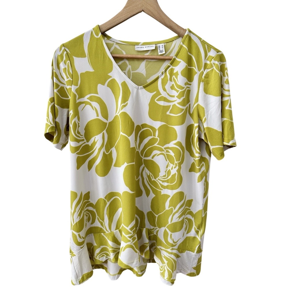 Susan Graver Top Medium Chartreuse Green Floral V-Neck‎ Liquid Knit Ruffle Hem